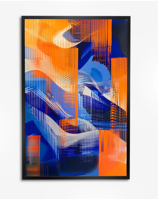 Poster - Abstracte compositie - Blauw, oranje en wit - Op-art poster wanddecoratie – A4 formaat