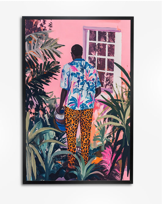 Kunstposter - Man Met Gieter en Luipaardprint in Kubistische Stijl poster wanddecoratie – A4 formaat