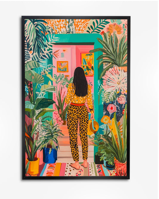 Kunstposter - Meisje met Luipaardprint en Planten in Jungle Stijl poster wanddecoratie – A4 formaat