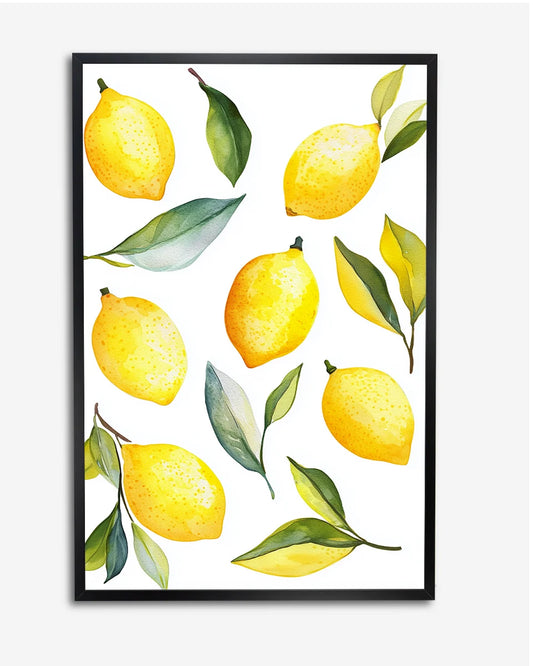 Poster - Aquarel Citroenen - Clipartstijl - Witte Achtergrond - Bladeren poster wanddecoratie – A4 formaat