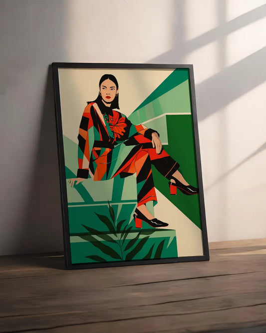 Poster - Aziatische vrouw - Zittend - Op-art - Geometrisch poster wanddecoratie – A3 formaat