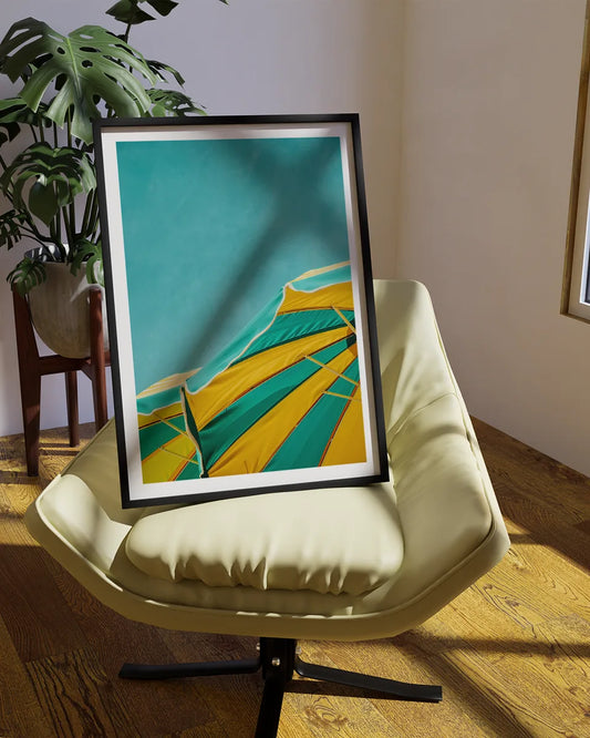 Poster - Close-up - Parasol - Groen en geel poster wanddecoratie – A3 formaat