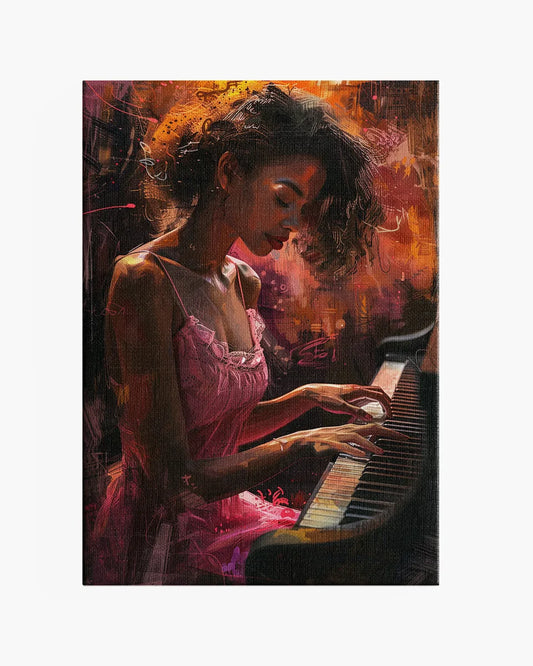 Canvas - Donkere vrouw op piano - Abstract - Olieverf - Roze