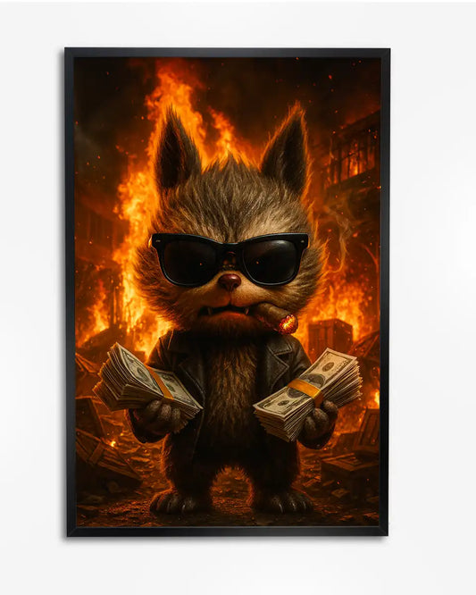 Gangster labubu in brandende stad poster | hyper realistische poster wanddecoratie – A4 formaat