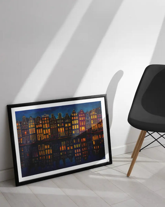 Canvas - Huizen langs het water - Amsterdam - Olieverf