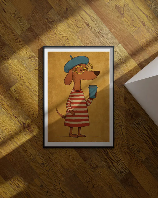Minimalistische poster – Teckel met bril en baret poster wanddecoratie – A3 formaat