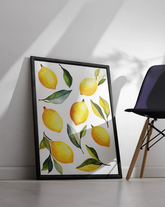 Poster - Aquarel Citroenen - Clipartstijl - Witte Achtergrond - Bladeren poster wanddecoratie – A3 formaat