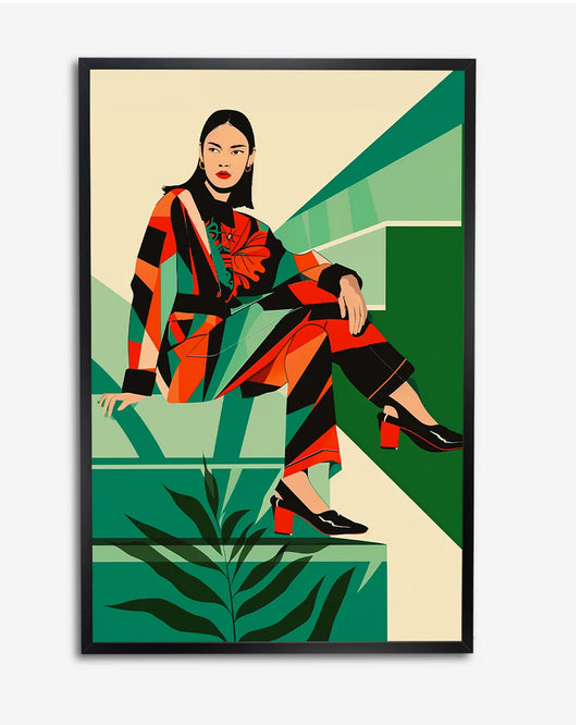 Poster - Aziatische vrouw - Zittend - Op-art - Geometrisch poster wanddecoratie – A4 formaat