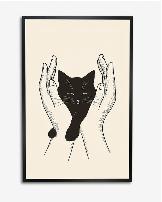 Poster - Kat in handen - Illustratie - Minimalistisch poster wanddecoratie – A4 formaat