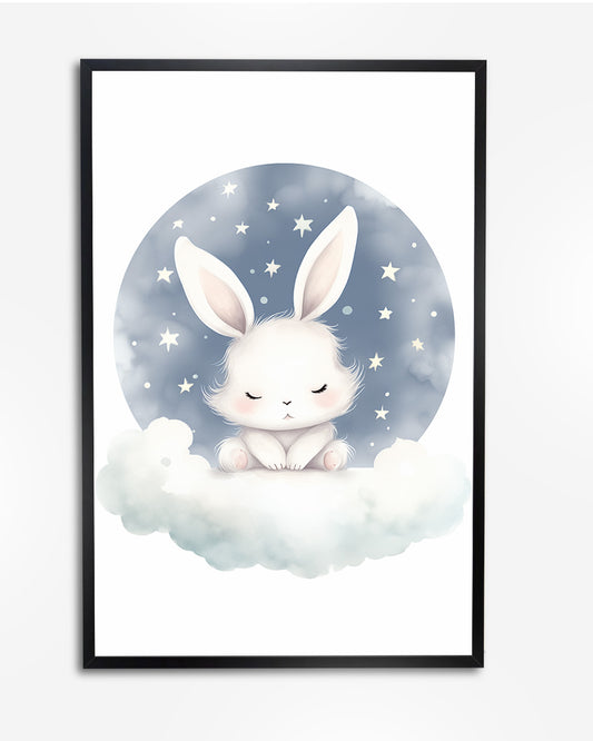 Poster - Kinderkamer Konijntje op wolken poster wanddecoratie – A4 formaat