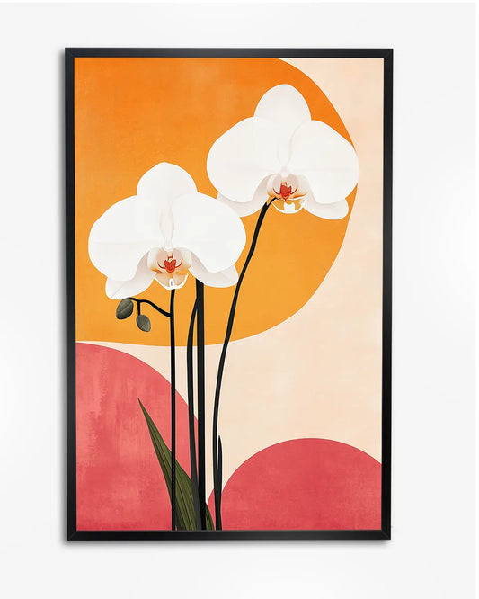 Poster - Minimalistische Illustratie - Twee Witte Orchideeën - Oranje en Roze Achtergrond - Zonnestralen poster wanddecoratie – A4 formaat