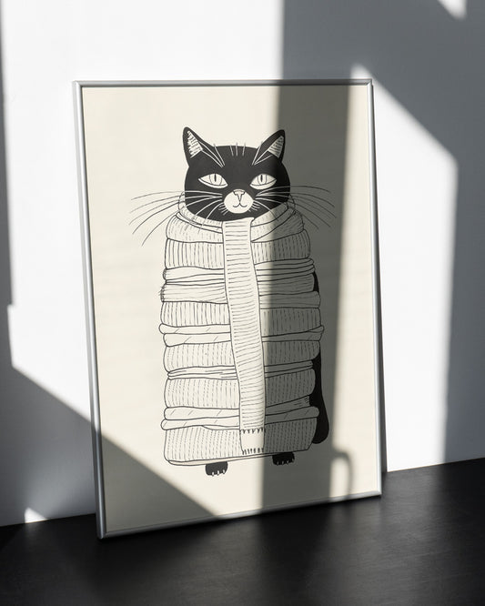 Poster - Minimalistische lijntekening Kat met Sjaal – Matisse poster wanddecoratie – A3 formaat