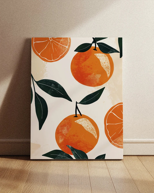Poster - Sinaasappels - Illustratie - Groene bladeren - Minimalistisch poster wanddecoratie – A3 formaat