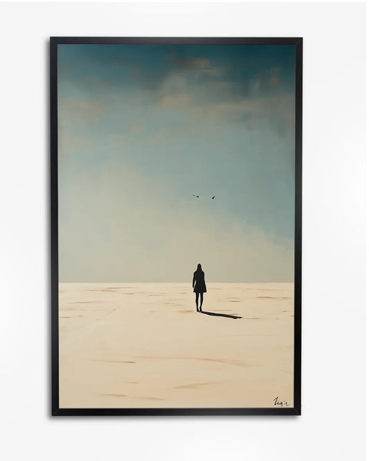 Poster - Woestijnlandschap - Eenzame Vrouw - Minimalistische Olieverfschildering - Serene Sfeer poster wanddecoratie – A4 formaat