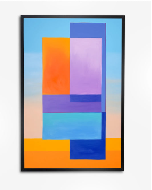 Minimalistisch- Geometrische Compositie - Blauwe en Oranje Vierkanten poster wanddecoratie – A4 formaat