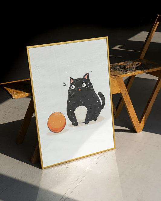 Schatigge dikke kat- Met Oranje Bal - Minimalistische Poster poster wanddecoratie – A3 formaat