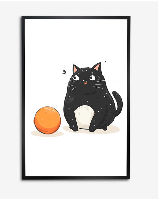 Schatigge dikke kat- Met Oranje Bal - Minimalistische Poster poster wanddecoratie – A4 formaat