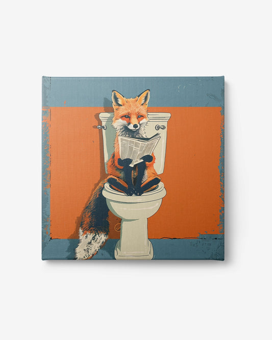 Canvas - Vos op toilet - Leest de krant - Retro Illustratie poster wanddecoratie – A4 formaat