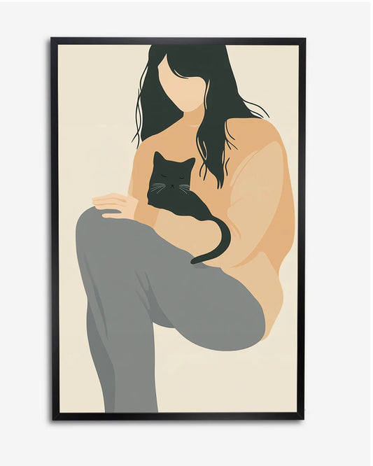 Poster - Vrouw en kat - Beige - Minimal poster wanddecoratie – A4 formaat