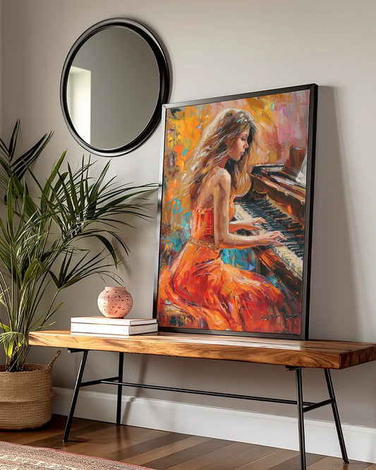 Canvas - Vrouw op piano - Abstract - Olieverf - Oranje
