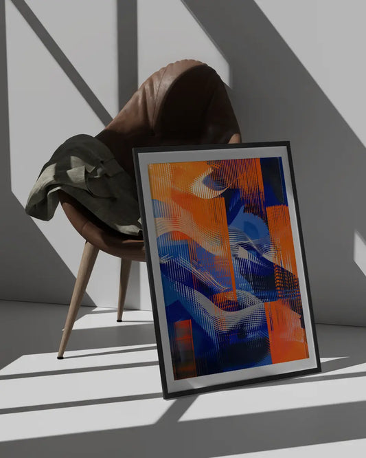 Poster - Abstracte compositie - Blauw, oranje en wit - Op-art poster wanddecoratie – A3 formaat