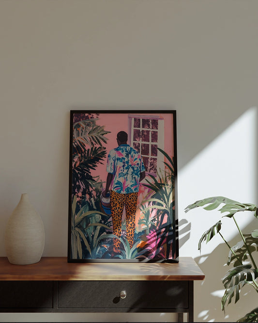 Kunstposter - Man Met Gieter en Luipaardprint in Kubistische Stijl poster wanddecoratie – A3 formaat