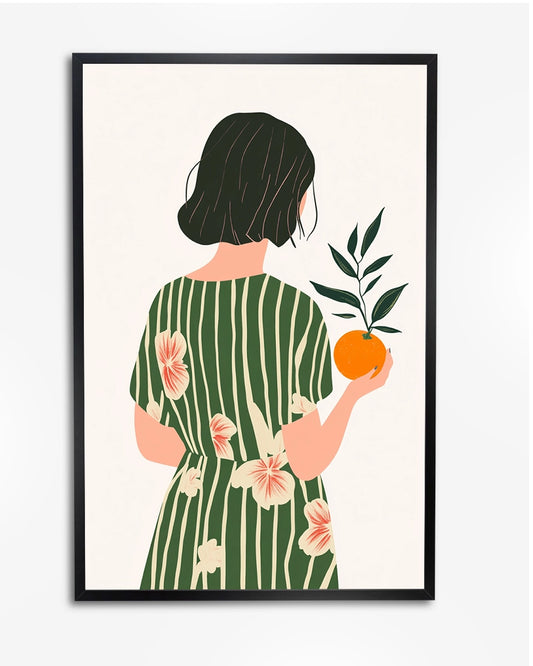 Minimalistische Poster - Meisje met Sinaasappel en Bloemenjurk poster wanddecoratie – A4 formaat