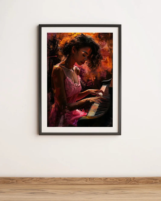 Canvas - Donkere vrouw op piano - Abstract - Olieverf - Roze