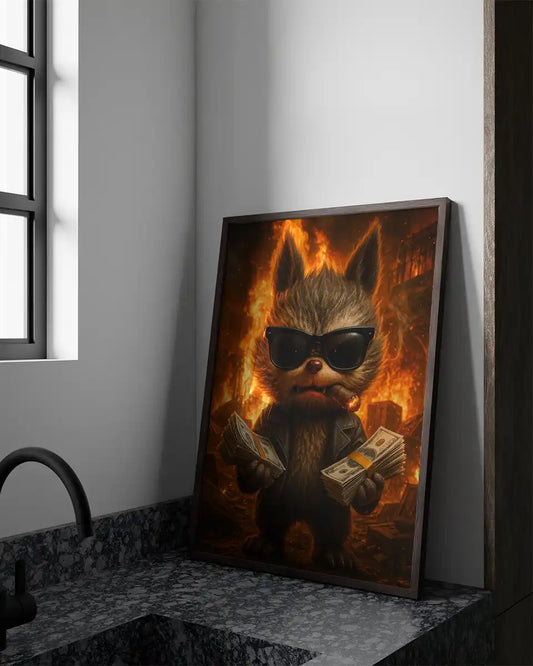 Gangster labubu in brandende stad poster | hyper realistische poster wanddecoratie – A3 formaat
