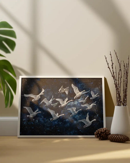 Canvas - Schilderij Zwanen - Impressionisme - Donkerblauw