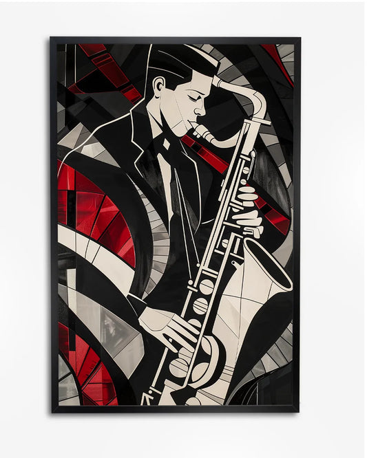 Poster - Jazz - Nachtclub - Saxofonist - Op-art poster wanddecoratie – A4 formaat