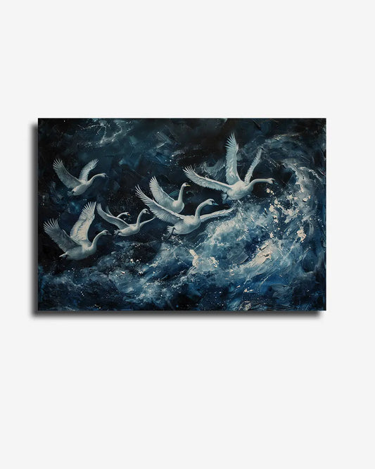 Canvas - Schilderij Zwanen - Impressionisme - Donkerblauw