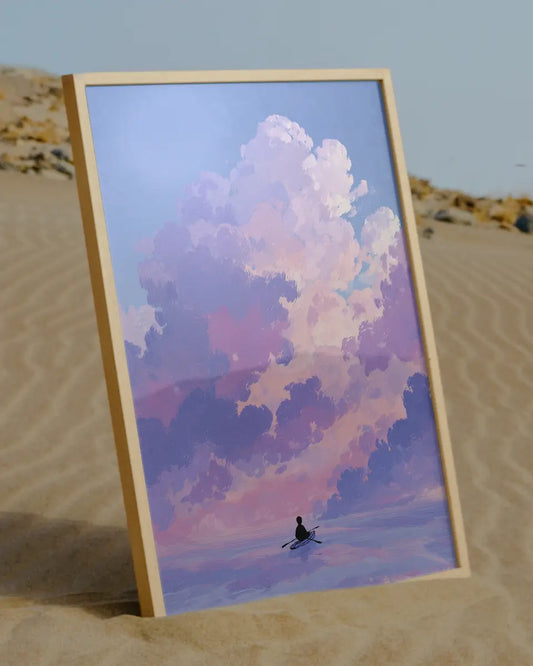 Minimalistische poster – Roeiende man op zee in pastel poster wanddecoratie – A3 formaat