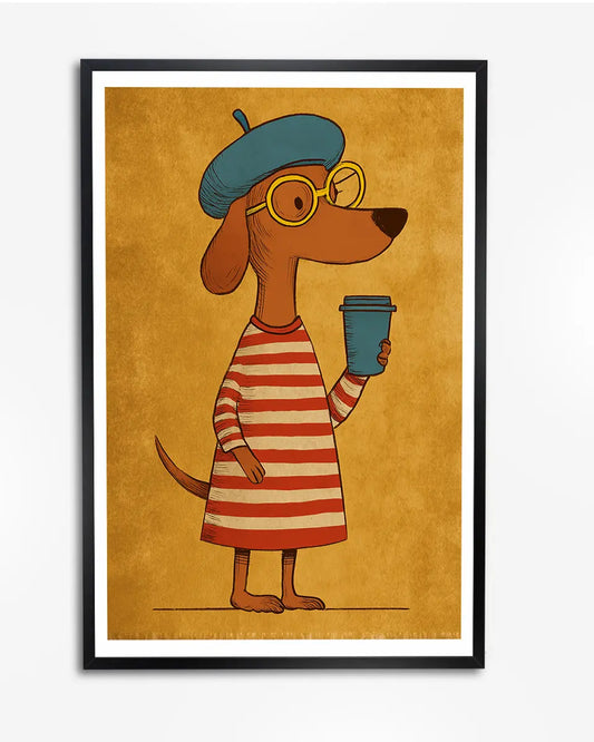 Minimalistische poster – Teckel met bril en baret poster wanddecoratie – A4 formaat