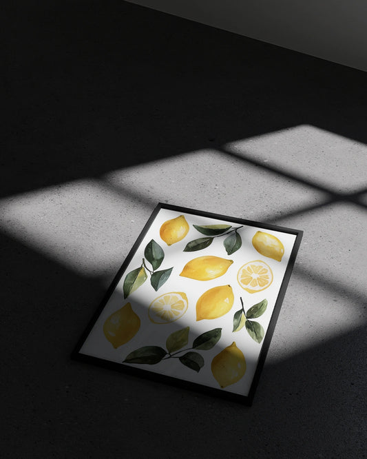 Poster - Citroenen - Illustratie - Groene bladeren - Minimalistisch poster wanddecoratie – A3 formaat
