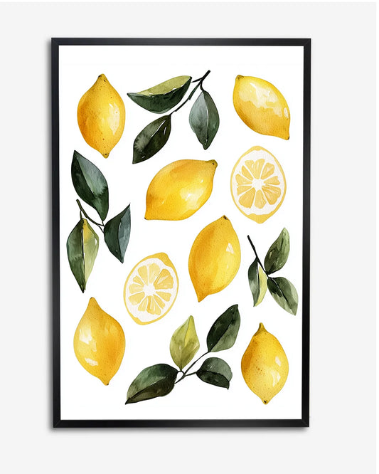 Poster - Citroenen - Illustratie - Groene bladeren - Minimalistisch poster wanddecoratie – A4 formaat