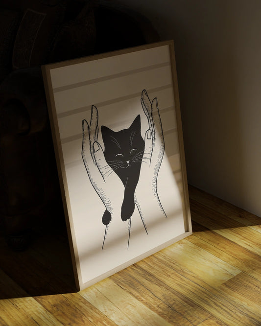 Poster - Kat in handen - Illustratie - Minimalistisch poster wanddecoratie – A3 formaat