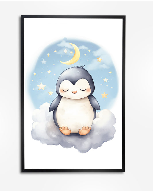Poster - Kinderkamer Pinguïn op wolken poster wanddecoratie – A4 formaat