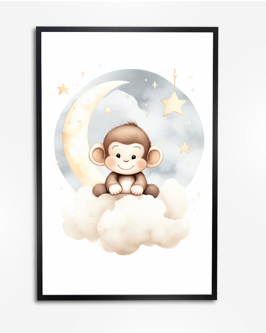 Poster - Kinderkamer Aapje op wolken poster wanddecoratie – A4 formaat