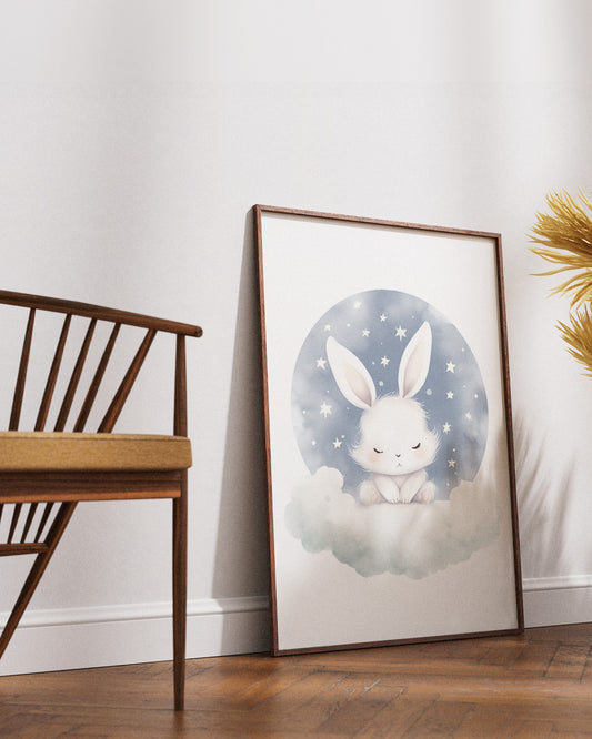 Poster - Kinderkamer Konijntje op wolken poster wanddecoratie – A3 formaat