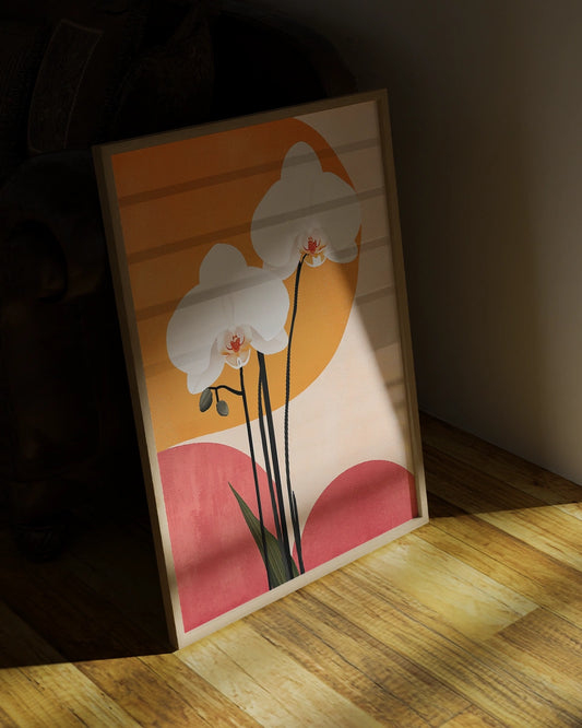 Poster - Minimalistische Illustratie - Twee Witte Orchideeën - Oranje en Roze Achtergrond - Zonnestralen poster wanddecoratie – A3 formaat