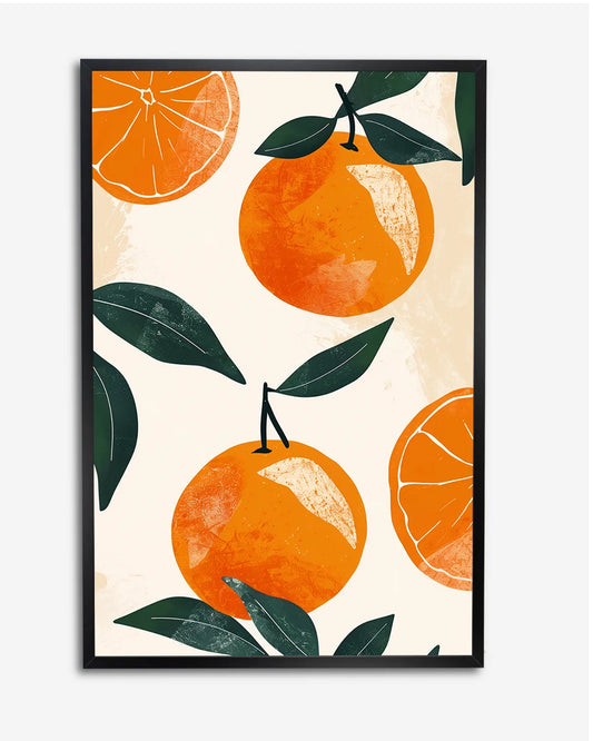 Poster - Sinaasappels - Illustratie - Groene bladeren - Minimalistisch poster wanddecoratie – A4 formaat
