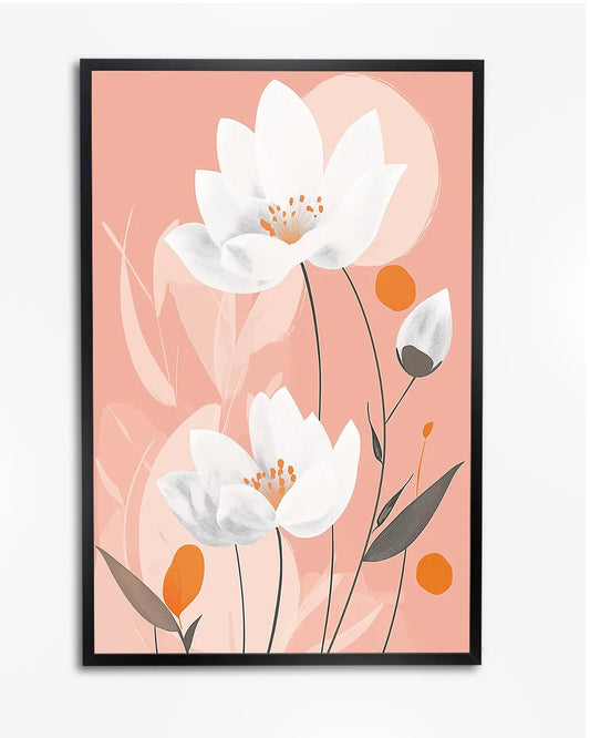 Poster - Vectorgrafisch Ontwerp - Bloemsierkunst - Witte Lotusbloemen - Oranje Accenten poster wanddecoratie – A4 formaat