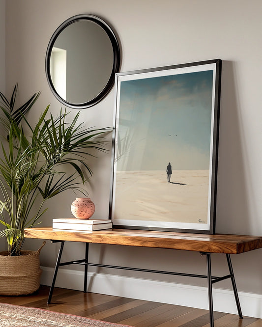 Poster - Woestijnlandschap - Eenzame Vrouw - Minimalistische Olieverfschildering - Serene Sfeer poster wanddecoratie – A3 formaat