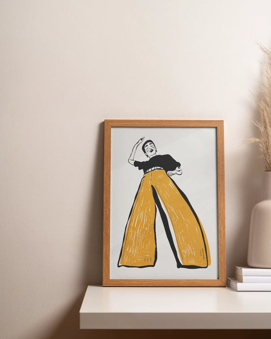 Vrouw in Wijde Pijpen Broek - Minimalistische Illustratie in Geel poster wanddecoratie – A3 formaat