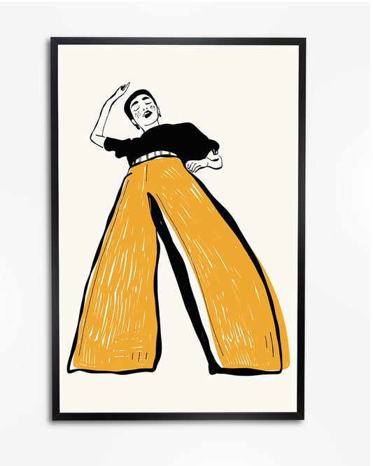 Vrouw in Wijde Pijpen Broek - Minimalistische Illustratie in Geel poster wanddecoratie – A4 formaat