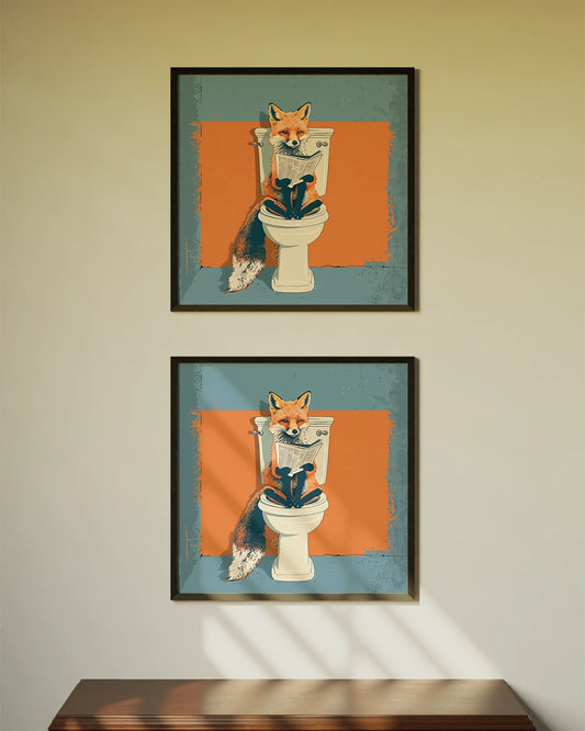 Canvas - Vos op toilet - Leest de krant - Retro Illustratie poster wanddecoratie – A3 formaat