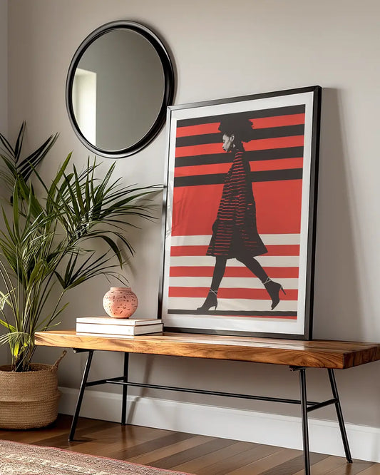 Poster - Vrouw loopt over straat - Op-art - Rood en zwart poster wanddecoratie – A3 formaat