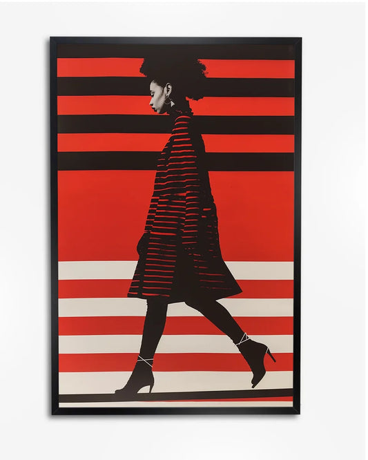 Poster - Vrouw loopt over straat - Op-art - Rood en zwart poster wanddecoratie – A4 formaat