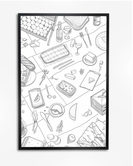 Poster - Picknick - Minimalistisch - Line Art poster wanddecoratie – A4 formaat